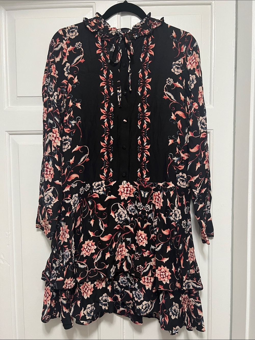 Parker Black Floral Tie-Neck Babydoll Dress